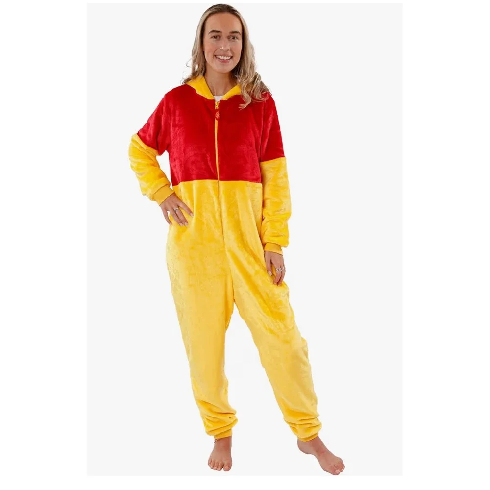 Disney Winnie the Pooh Red Yellow Fleece Hooded Onesie Pajamas  Long Sleeve - Picture 2 of 13